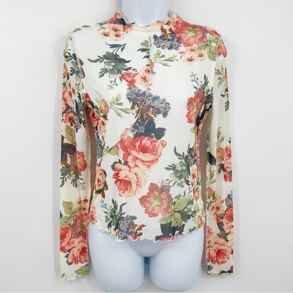 Promesa Mesh Floral Long Sleeve Shirt Size Small Fairy Coquette Cottagecore